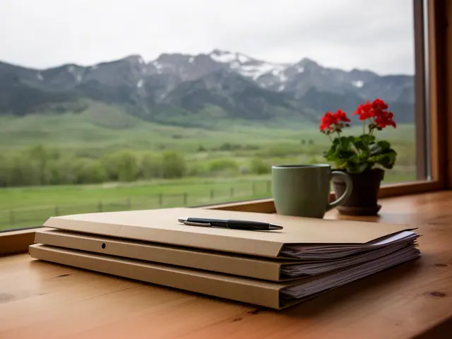 A neat stack of closed manila folders and a pen on a desk by a window.