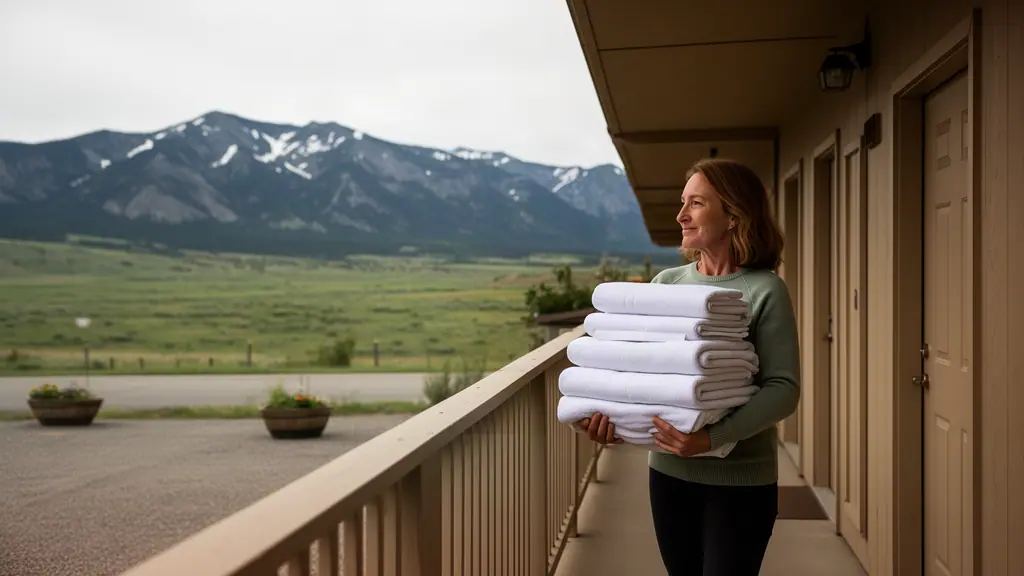 A motel owner carrying a stack of white towels along the upper walkway, mountain foothills beyond.
